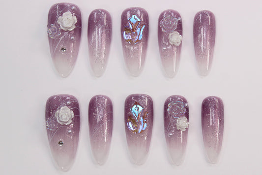 Mauve White Rose (Handmade Press on Nails) - Summer Collection