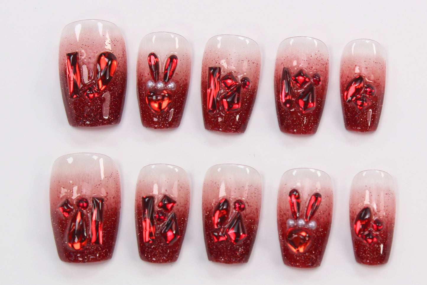 Red Glitz Bling (Handmade Press on Nails) - Summer Collection