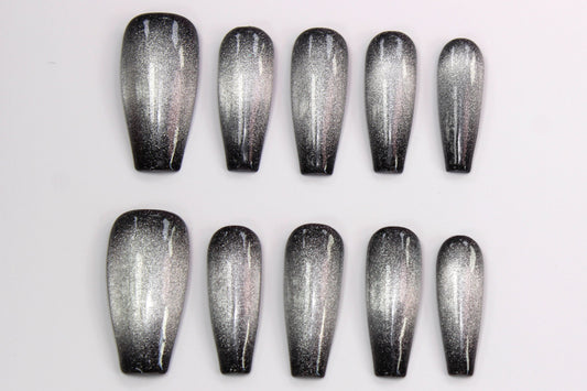 Black Silver Cat Eye (Handmade Press on Nails) - Y2K Collection