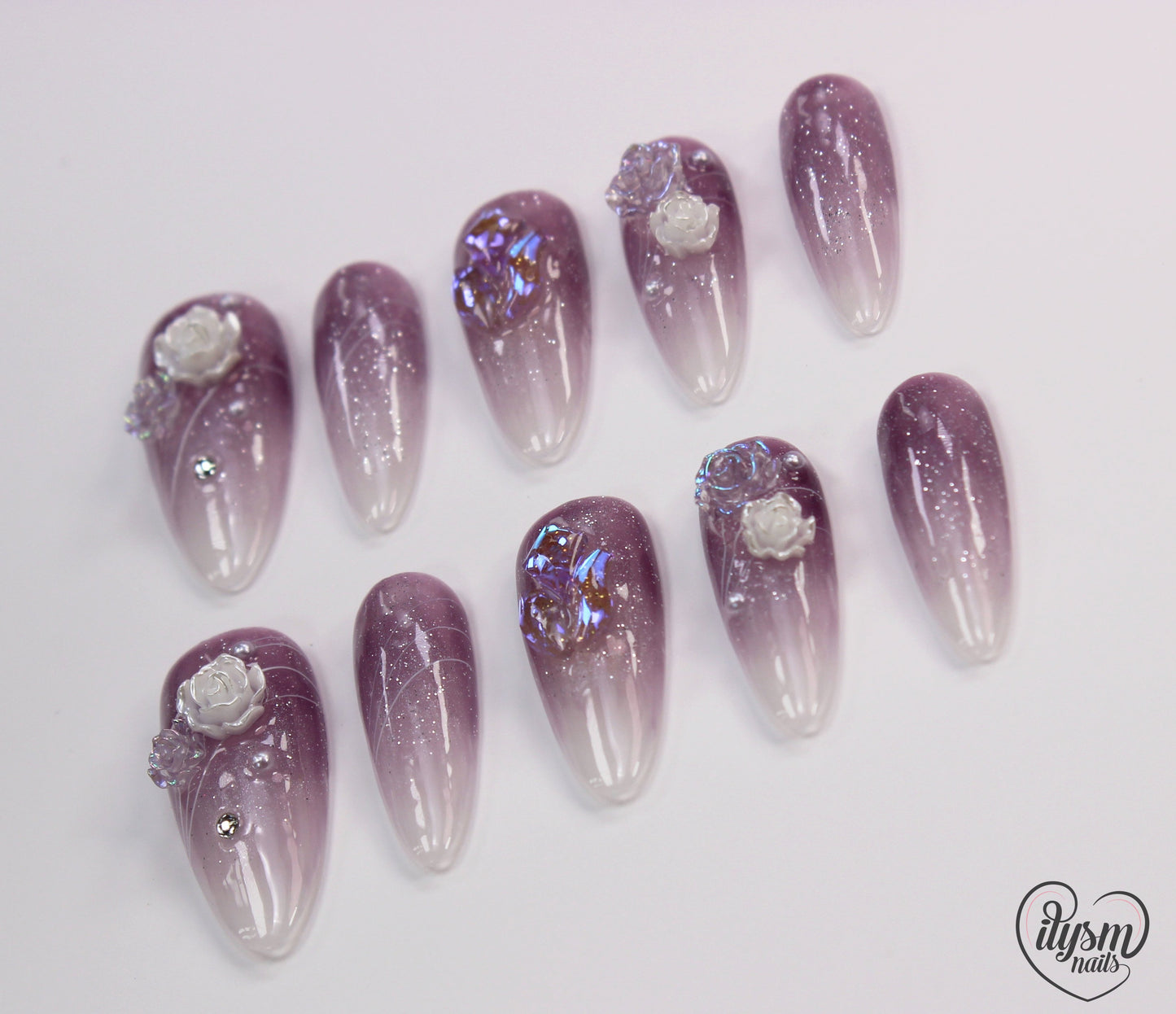 Mauve White Rose (Handmade Press on Nails) - Summer Collection