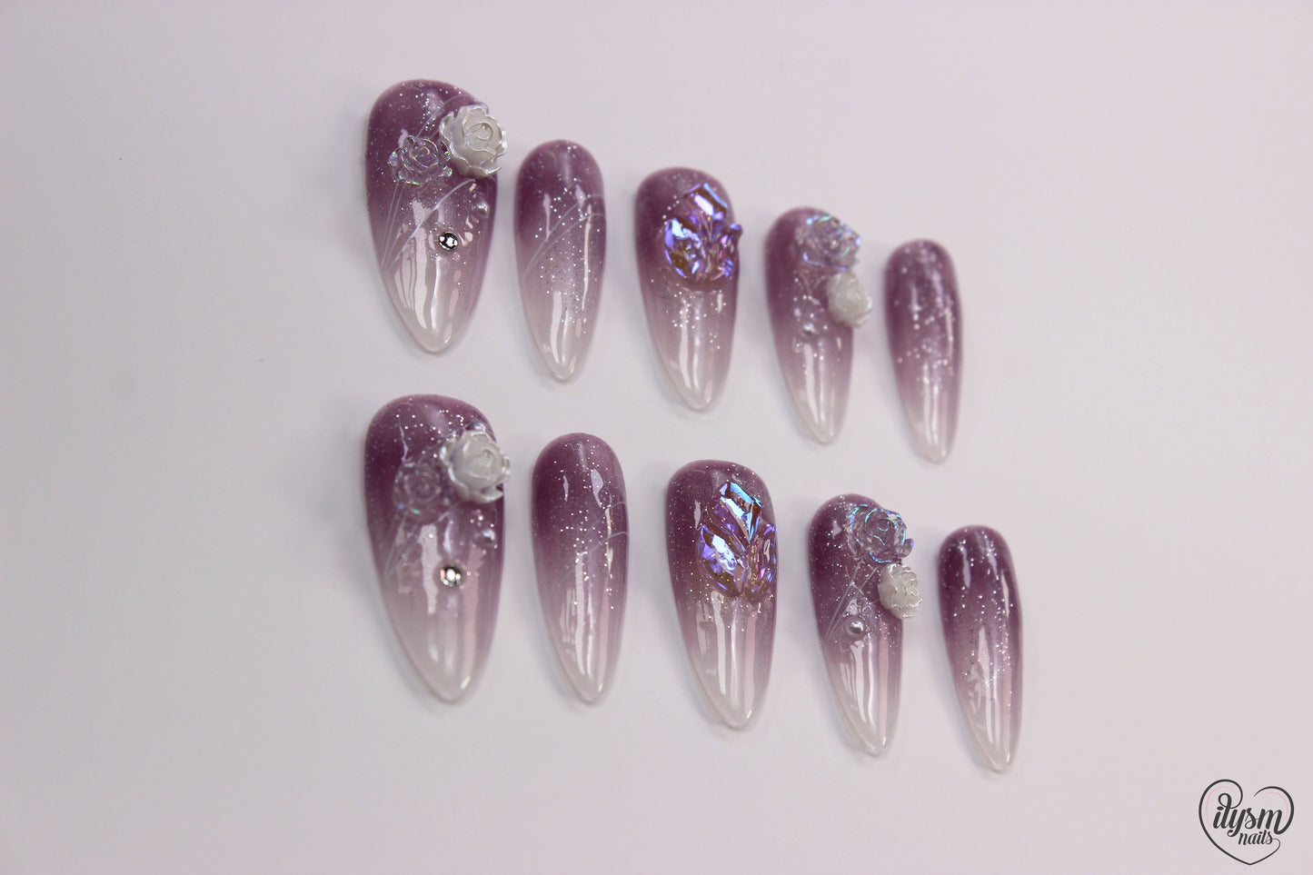 Mauve White Rose (Handmade Press on Nails) - Summer Collection