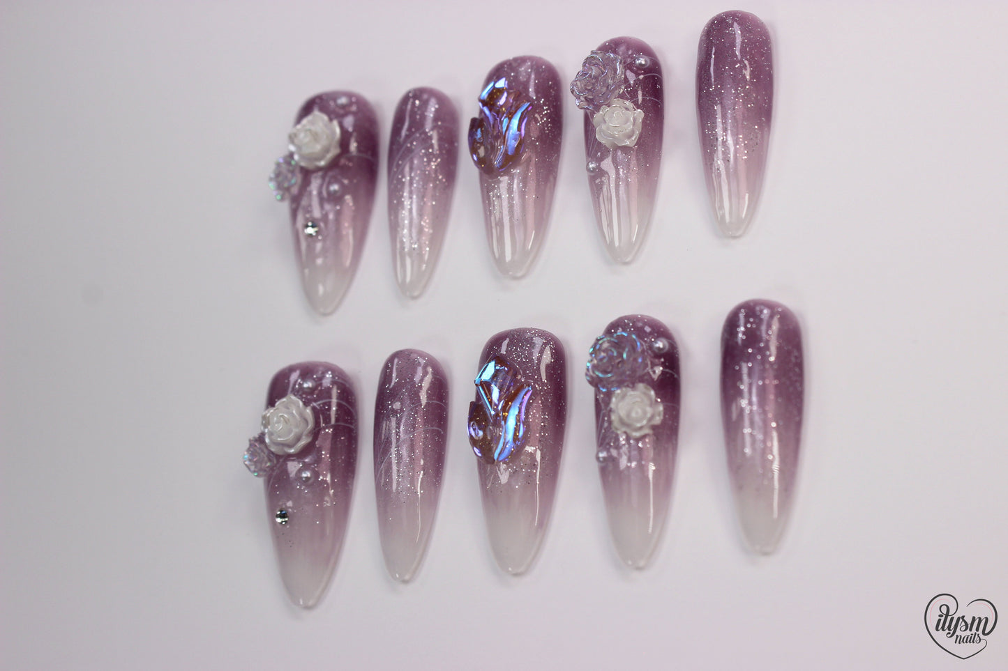 Mauve White Rose (Handmade Press on Nails) - Summer Collection