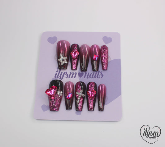 Crinkle Stone Hearts (Handmade Press on Nails) - Y2K Collection